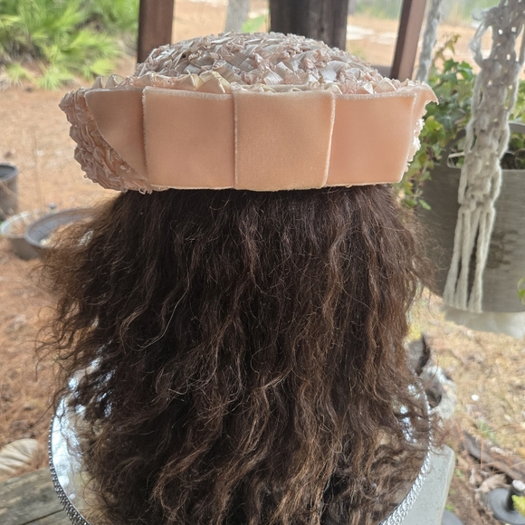 Vintage Pink Woven Pill Box Hat With Velvet Bow - Picture 6 of 11